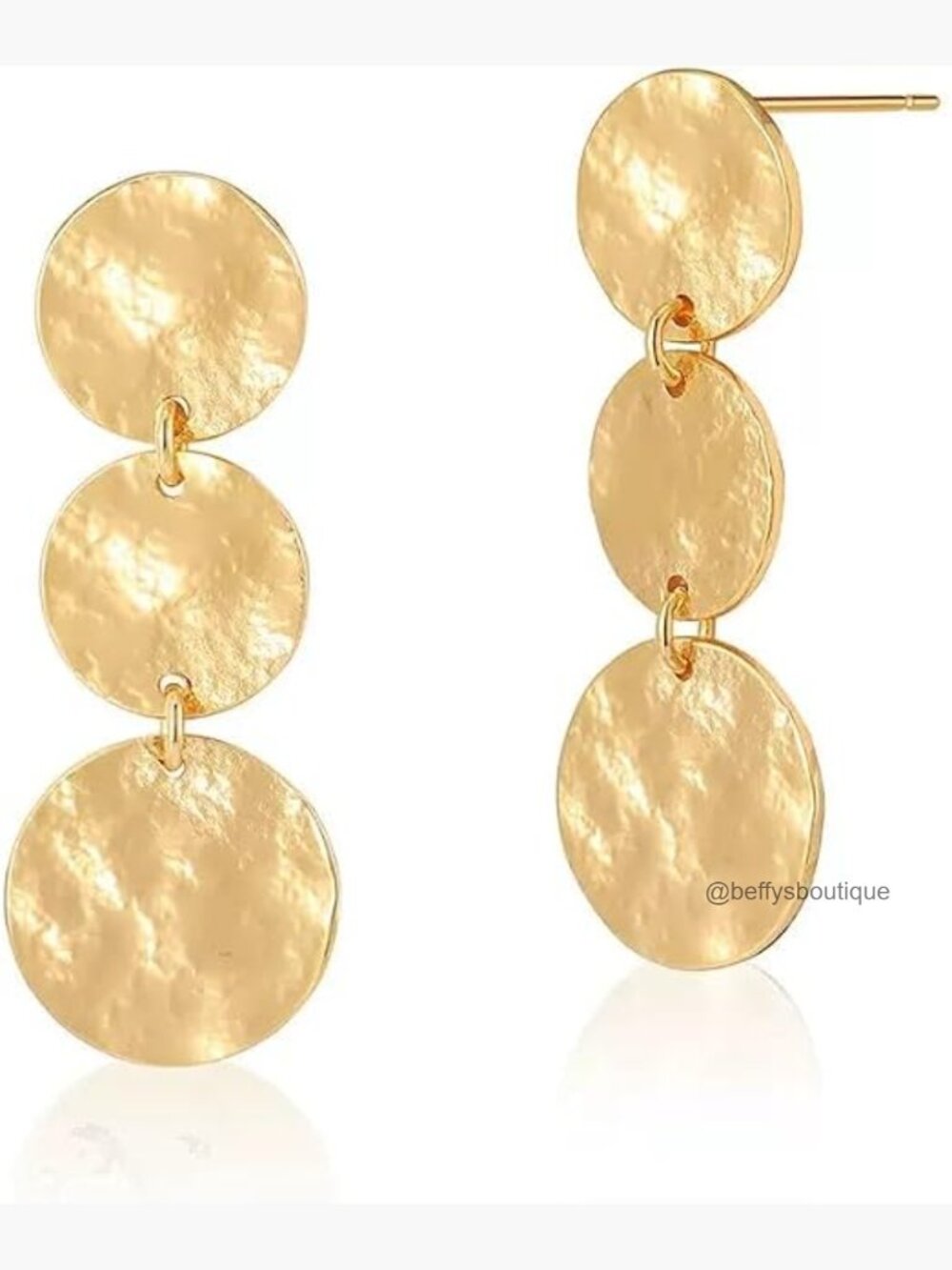 Gold Drop Earrings, Triple Disc Hammered Dangle Statement Earrings